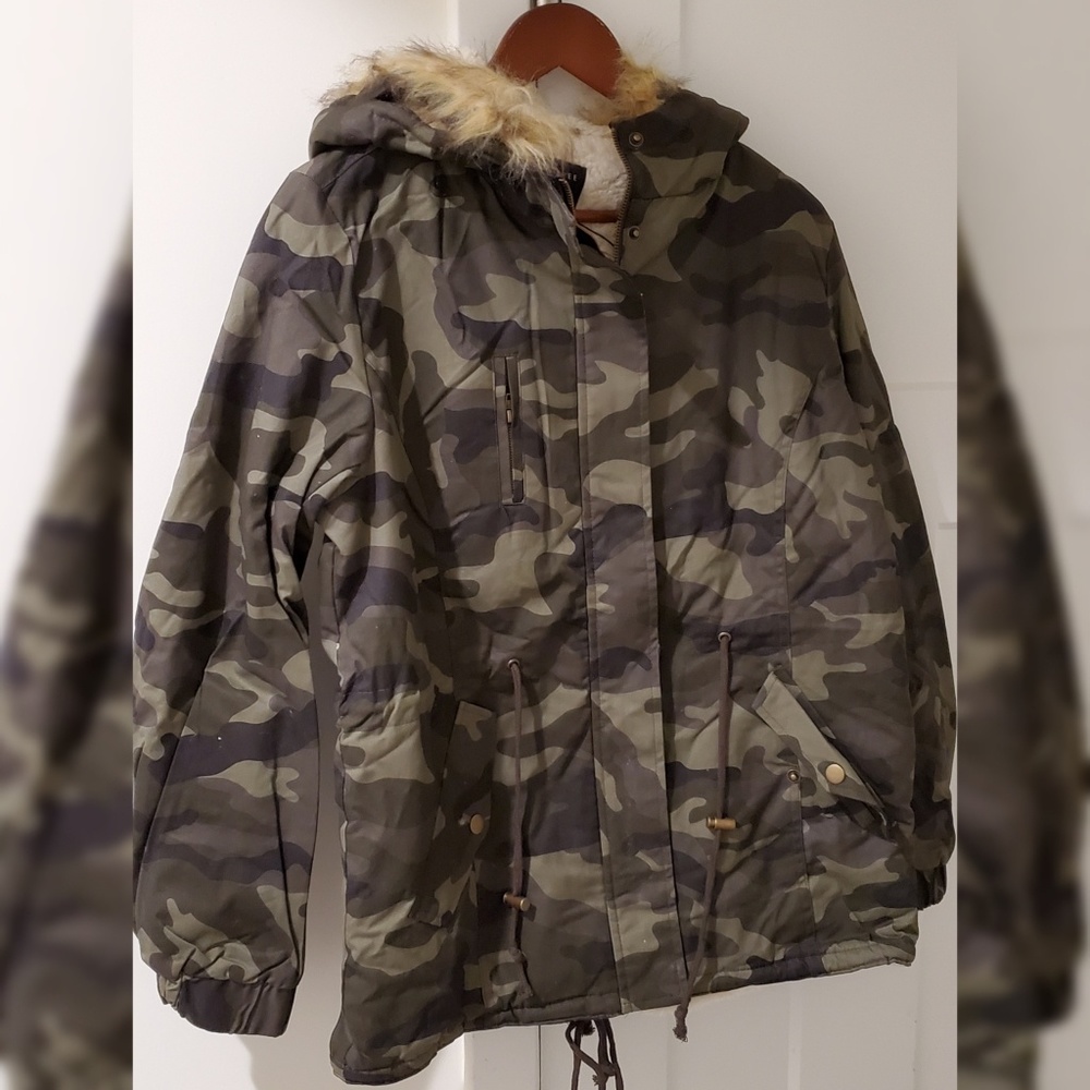 Army Fatigue Print Fur Lined Coat